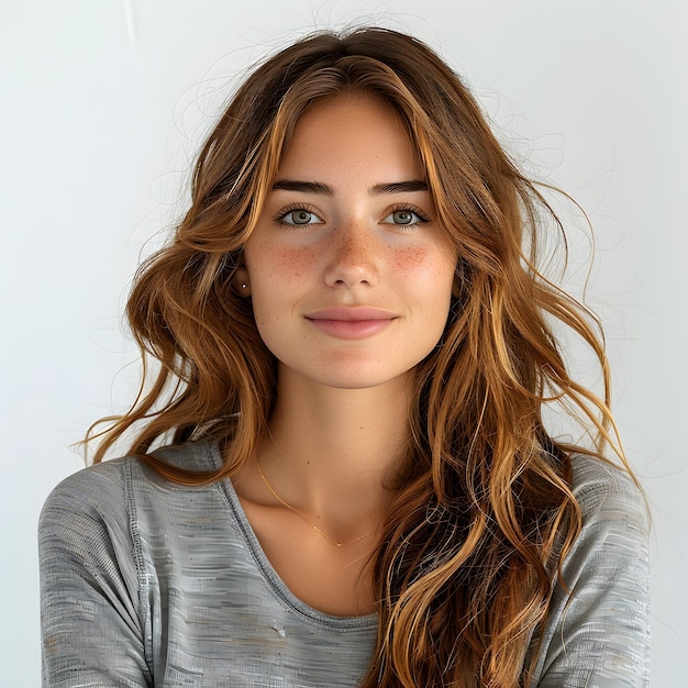 a young radiant woman with flowing hair and a captivating smile in a casual setting isolated on