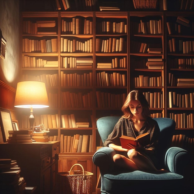 Photo a young reading book in a cozy library