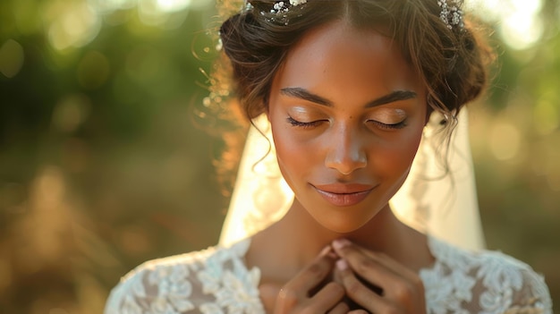 Young redhaired bride in a green wreath gently smiling her hands folded in prayer