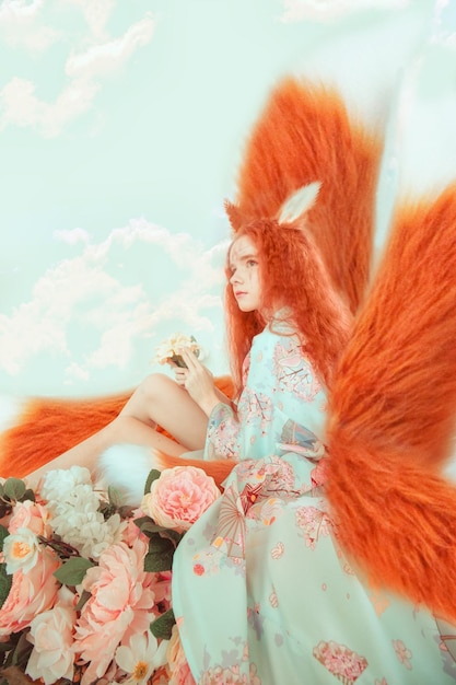 Young redhaired girl with fox ears and tails Nine tailed fox