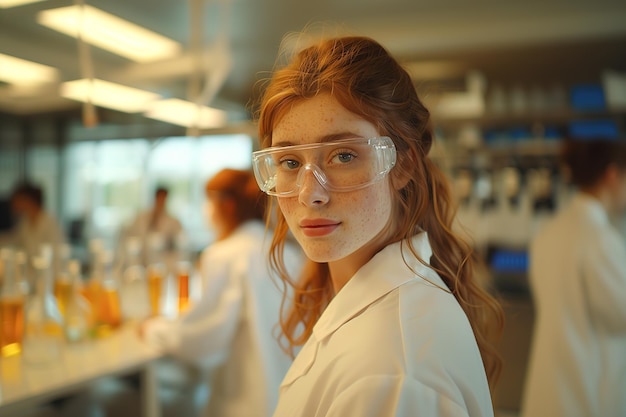 Photo a young redhaired woman in a lab coat and goggles stands in front of a group of scientists