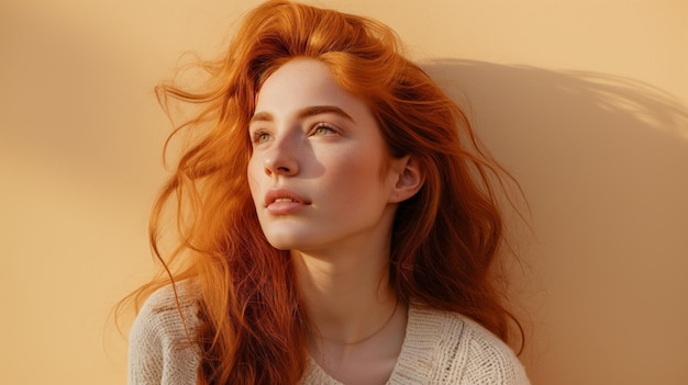 Young redhead woman posing isolated over beige wall background Vibrant hair frames her face as she stands with poise creating a captivating and eyecatching portrait