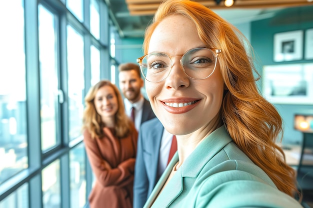 Photo young redhead woman selfie with friends