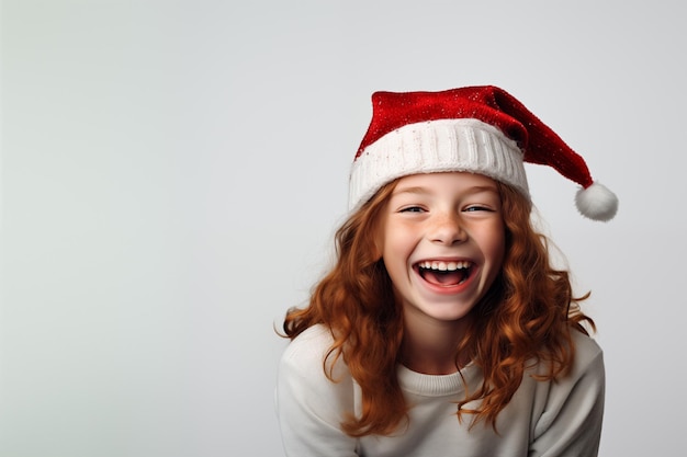 Young redhead woman with Christmas hat over isolated white background