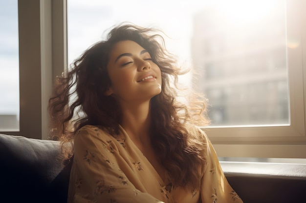 Young relaxed smiling pretty woman relaxing sitting on chair at home Happy positive beautiful lady