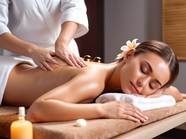 Photo young relaxing woman getting massage with cosmetic oil in spa salon