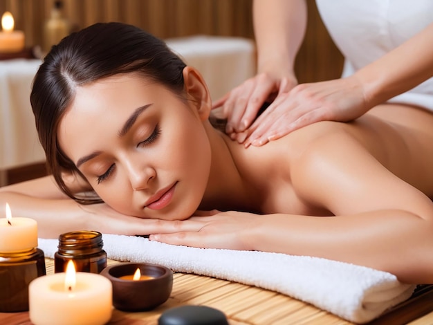 Young relaxing woman getting massage with cosmetic oil in spa salon