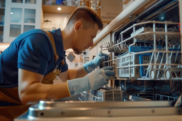 Photo young repairman service worker fixing a dishwasher appliance in a kitchen