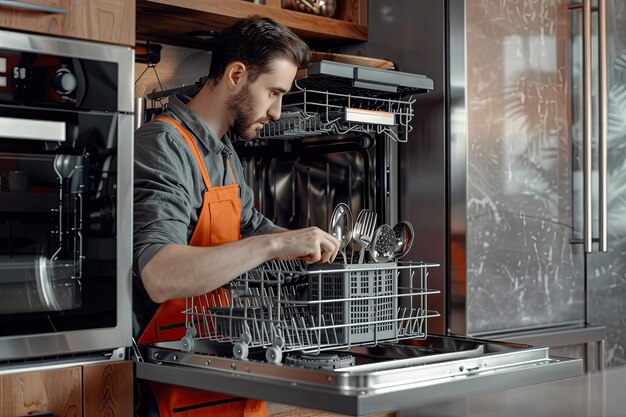 Photo young repairman service worker fixing a dishwasher appliance in a kitchen