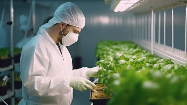 A young researcher reading online articles about novel varieties of leafy vegetables in vertical farms using Generative AI while wearing safety coveralls and a mask