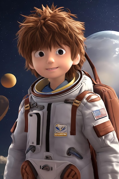 A young robot backpack boy rocket star gazing up at a brown planet in the sky background