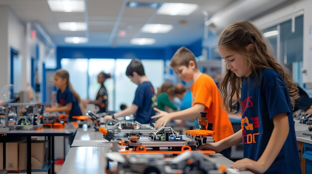 Young Robotics Prodigies Collaborating in a Vibrant STEM Lab