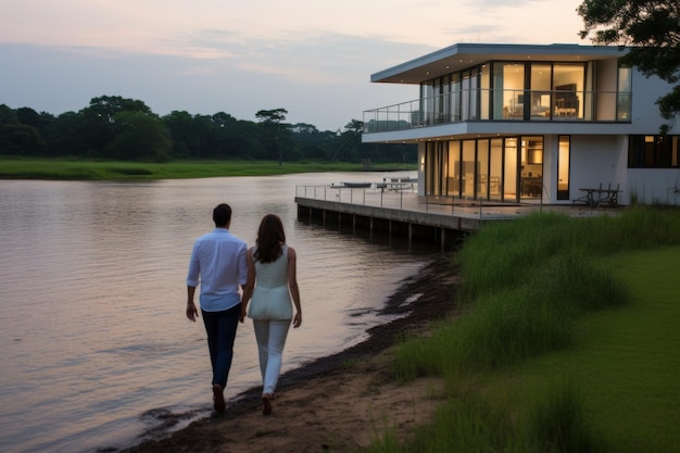 young romantic couple holding hands walking by lake near their modern house back view