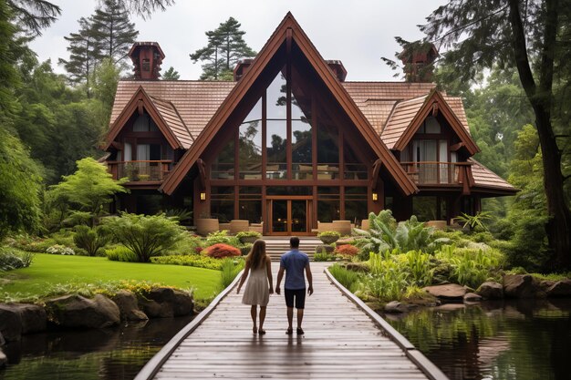 young romantic couple walking together in front of their large new luxurious house view from back