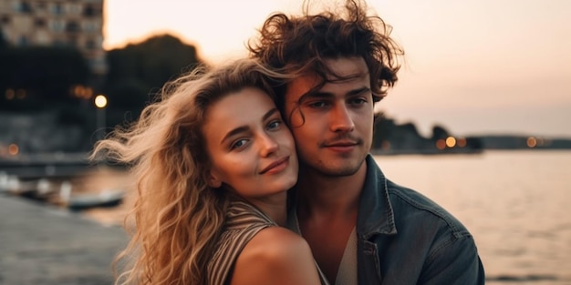 Young romantic guy holding beautiful girl in his arms