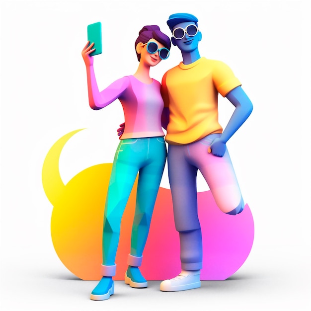 Young romantic smiling couple making selfie on stylized colorful background AI generated