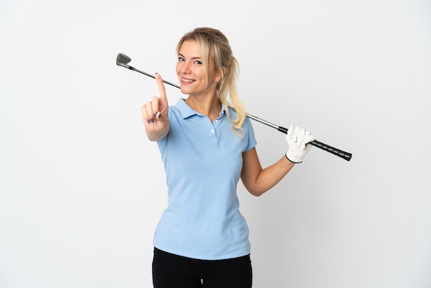 Young Russian golfer woman isolated on white background showing and lifting a finger