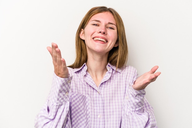 Young russian woman isolated on white background showing a welcome expression