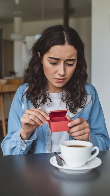 Young sad woman with dark curly hr sitting at the table with cup of coffee amazedly opening little