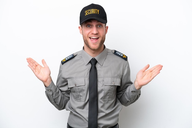 Young safeguard caucasian man isolated on white background with shocked facial expression