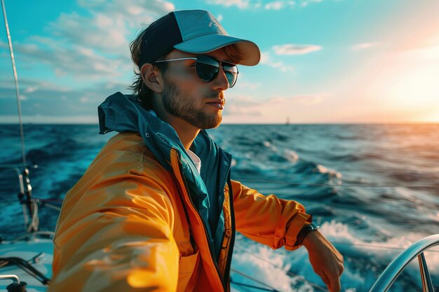 Photo a young sailor navigating the sea against a bold azure backdrop reminiscent of henri matisses vivid