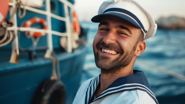 A young sailor with a cheerful smile stands on the deck of a ship creating a vibrant and joyous atmosphere against the backdrop of the sea