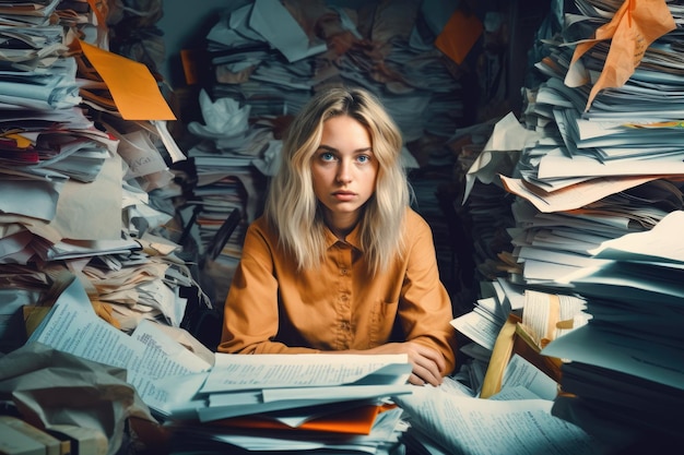 A young Scandinavian businesswoman sitting at a desk working at laptop that is full of papers and other documents Generative AI AIG30