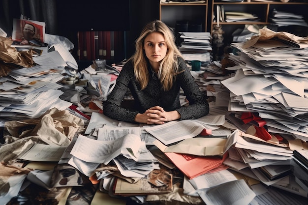 A young Scandinavian businesswoman sitting at a desk working at laptop that is full of papers and other documents Generative AI AIG30