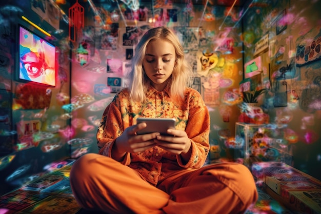 A young Scandinavian woman sitting at home and looking at mobile phone with holographic of news and social media data background Generative AI AIG30