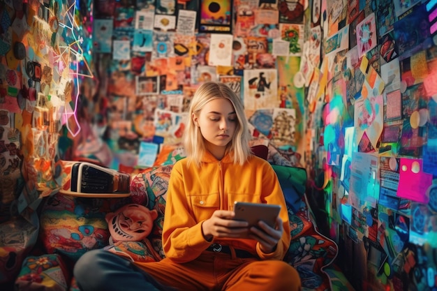 A young Scandinavian woman sitting at home and looking at mobile phone with holographic of news and social media data background Generative AI AIG30