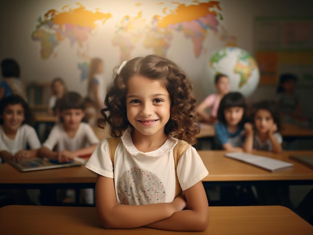 Young School Girl Smiling at Camera in Classroom With World Map on Wall