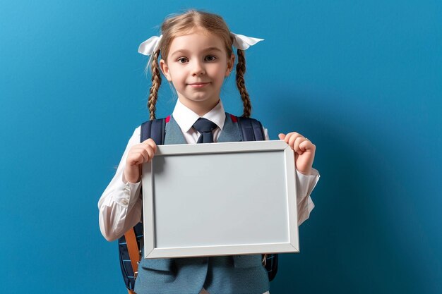 Young schoolgirl poses with frame confidence on display blue backdrop