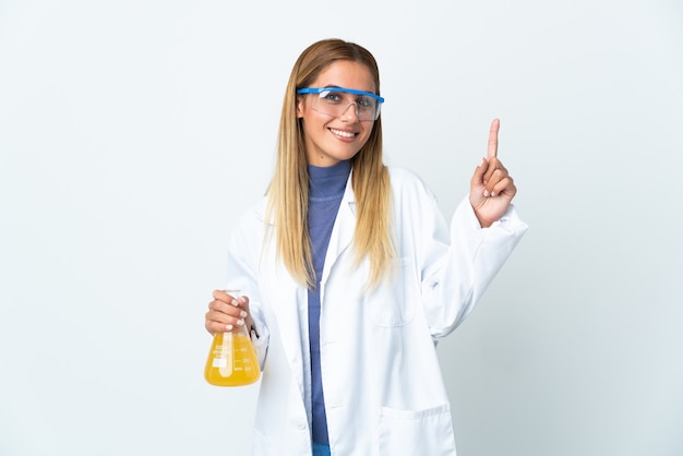 Young scientific woman isolated on white space showing and lifting a finger in sign of the best