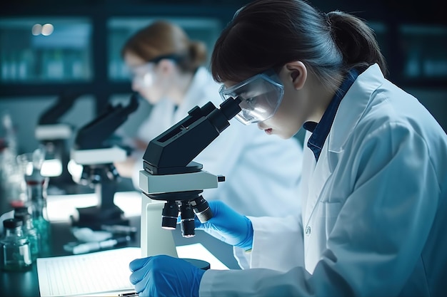 Young scientist looking through a microscope in a laboratory