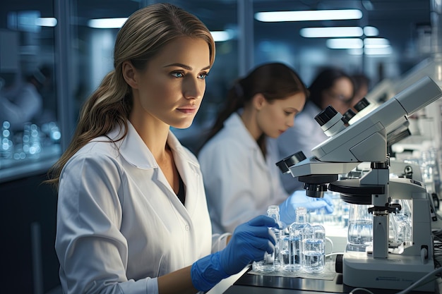 Young scientists conducting research investigations in a medical laboratory a researcher in the foreground is using a microscope at a modern office Generated with AI