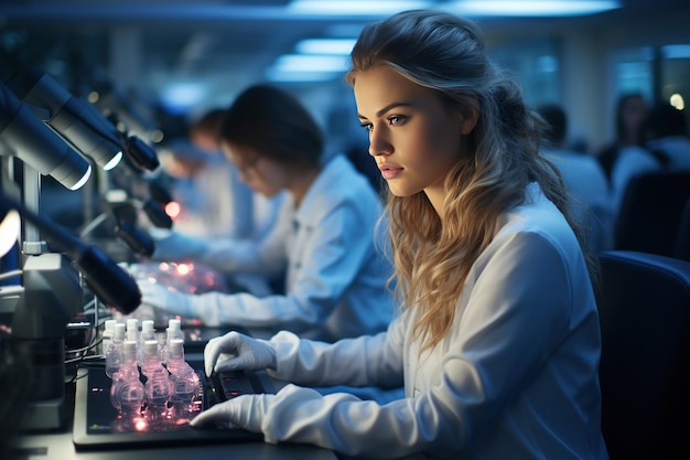 Young scientists conducting research investigations in a medical laboratory a researcher in the foreground is using a microscope at a modern office Generated with AI