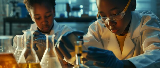 Young scientists engrossed in experimental wonder surrounded by the glow of knowledge