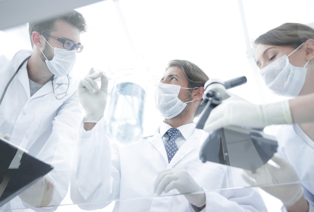 Young scientists working with a microscope and test tubes