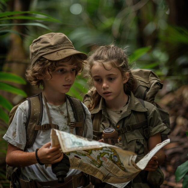 Photo young scouts exploring the forest with map and binoculars