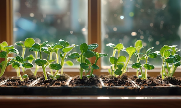 Photo young seedlings of basil in peat pots on the windowsill