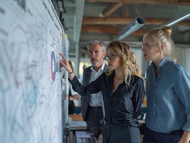 Photo a young serious businesswoman in glasses with lipstick stands at a dashboard with graphs and diagram