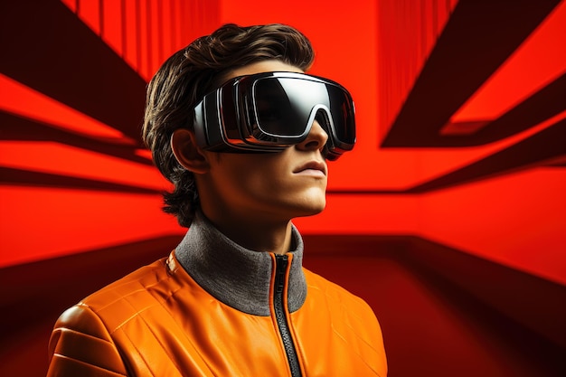 Young serious guy wearing vr glasses on modern red virtual background