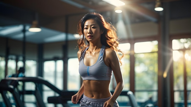 young sexy woman wearing sportswear sweatproof fabric and smartwatch running on treadmill