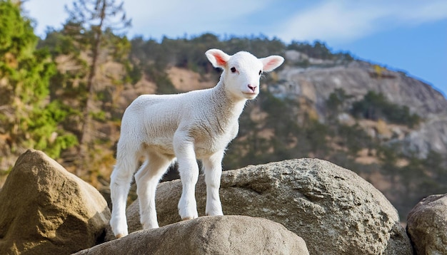 A young sheep standing on a boulder