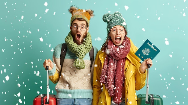 Photo young shocked couple with suitcases pass