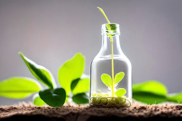 Young shoot coming out from glass bottle