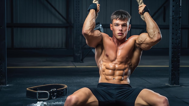 young six pack man having a rope workout in the gym