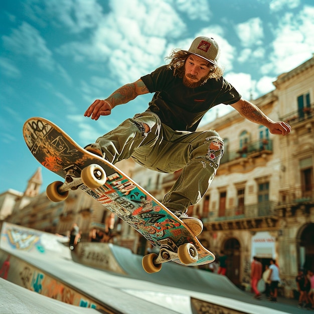 A young skateboarder dynamically performs aerial tricks demonstrating skill freedom in the