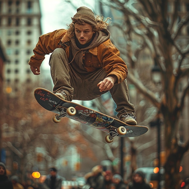 A young skateboarder dynamically performs aerial tricks demonstrating skill freedom in the