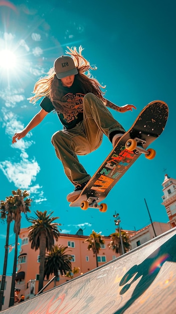 A young skateboarder dynamically performs aerial tricks demonstrating skill freedom in the